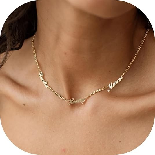 Personalized Name Necklace with Curb Chain,18K Gold Plated Handmade Personalized Necklace with Kid Name Family Choker Nameplate Necklace Mother Day Jewelry Gift for Mom